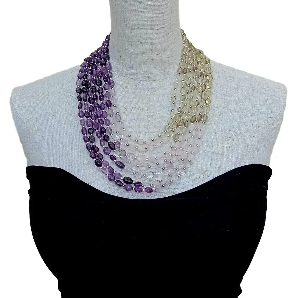 YYGEM Natural 7 Strands Amethyst Rose Quartz Lemon Quartz Freeform Statement Necklace 18'