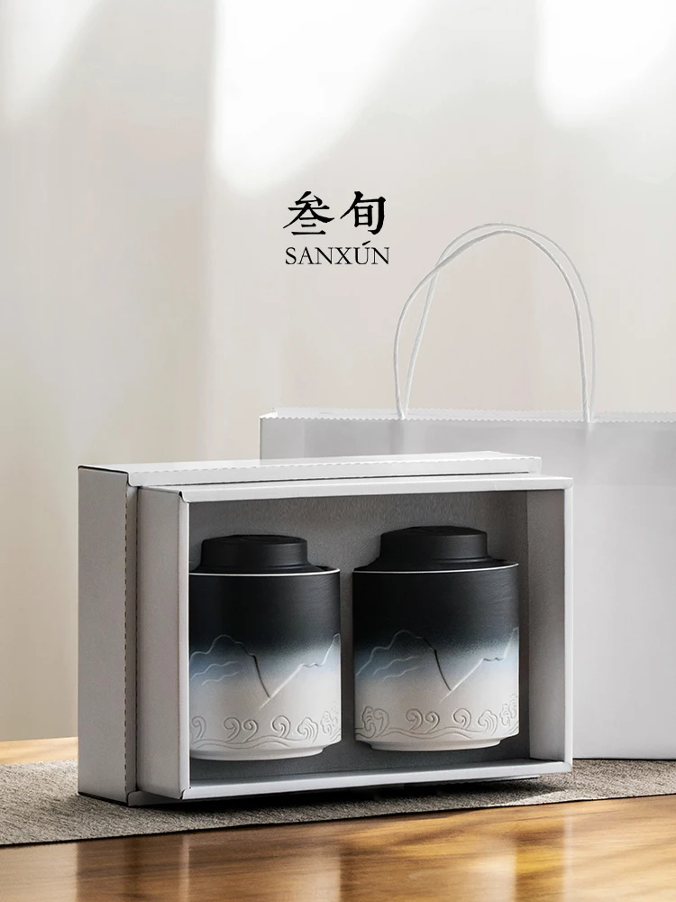 

Sanxun Mountain Sea View Large Ceramic Tea Canister Moisture Proof Sealed Tea Storage Pottery Tea Set Home Use Gift Box