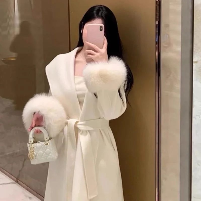 معطف صوفي على الطراز الأوروبي سترة برباط حتى الخصر فرو الثعلب فضفاض كل مباراة سترة طويلة للنساء لخريف وشتاء 2025