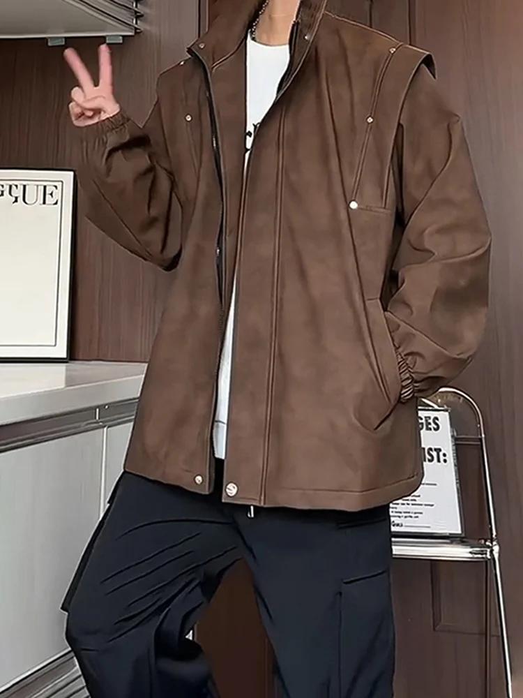 

American Sle Brown PU Leather Jaet Men's Autumn Faion Rivet Motorcycle Jaet High Street Trend Brand Casual Top