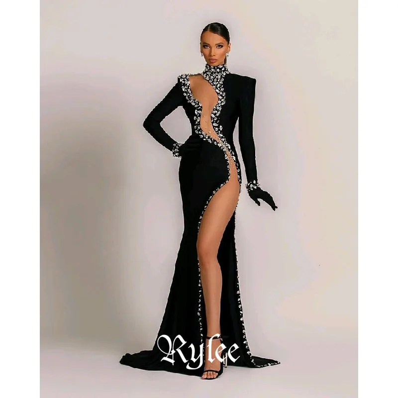 Rylee Customized Delicate Jersey Straight Crystal Evening Dresses High Neckline Long Sleeves Panel Train Black Celebrity Gown