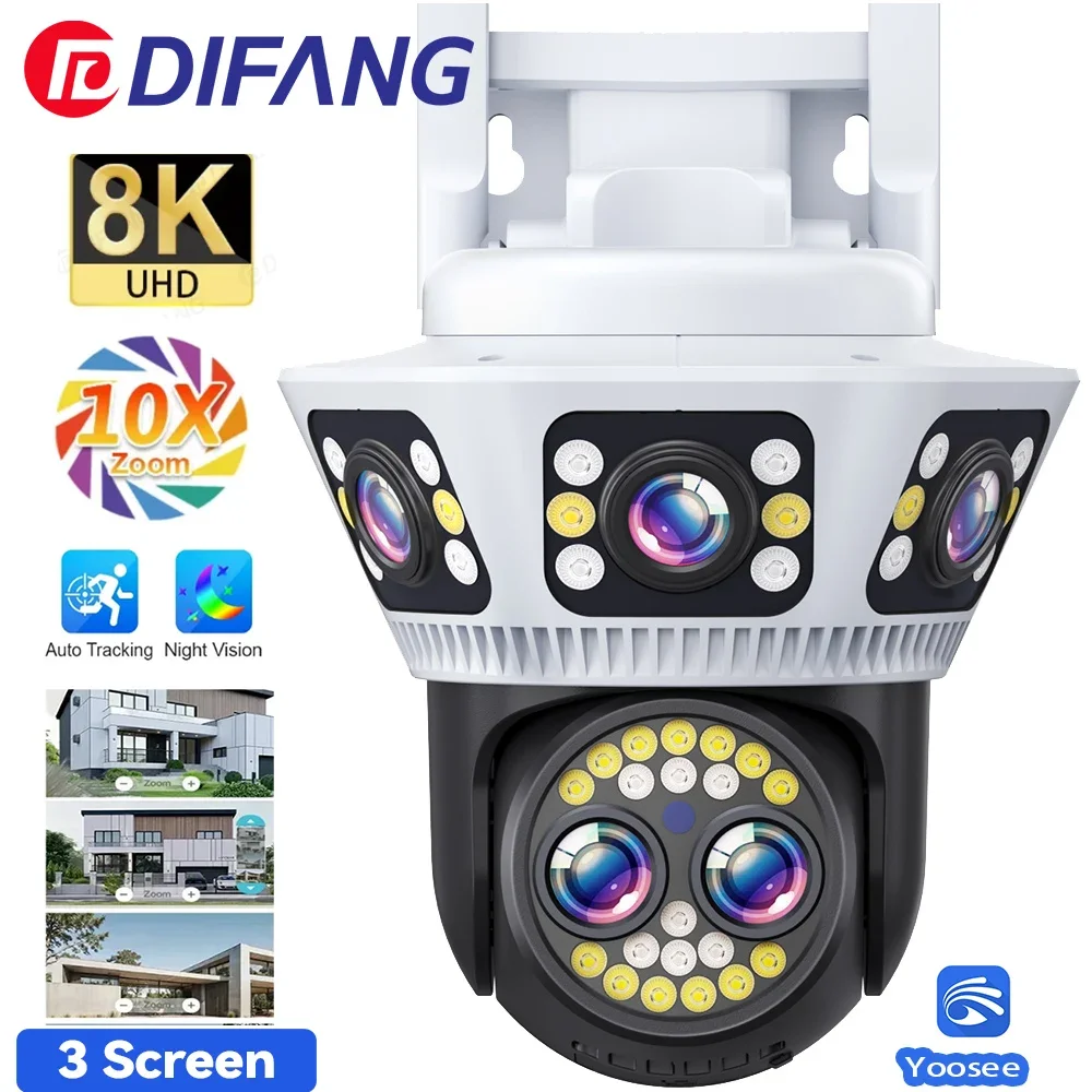 

New 8K WiFi Camera Outdoor 10X Zoom Three Screen PTZ Video Surveillance Yoosee Street Dome 16MP Security-Protection CCTV Cameras