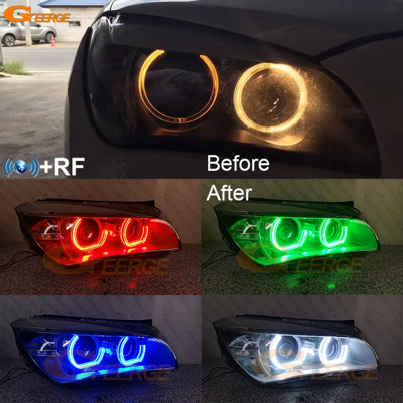 For BMW X1 E84 Xenon Headlight Bluetooth App Ultra Bright DTM Crystal M4 Style Multi Color RGB LED Angel Eyes Halo Rings