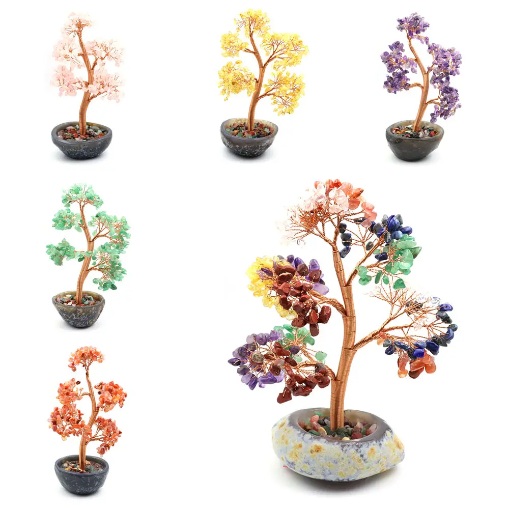 Natural Stones 7 Chakra Crystal Money Tree Copper Wire Wrapped Agate Base Healing Gemstone Yoga Feng Shui Trees Home Decoration