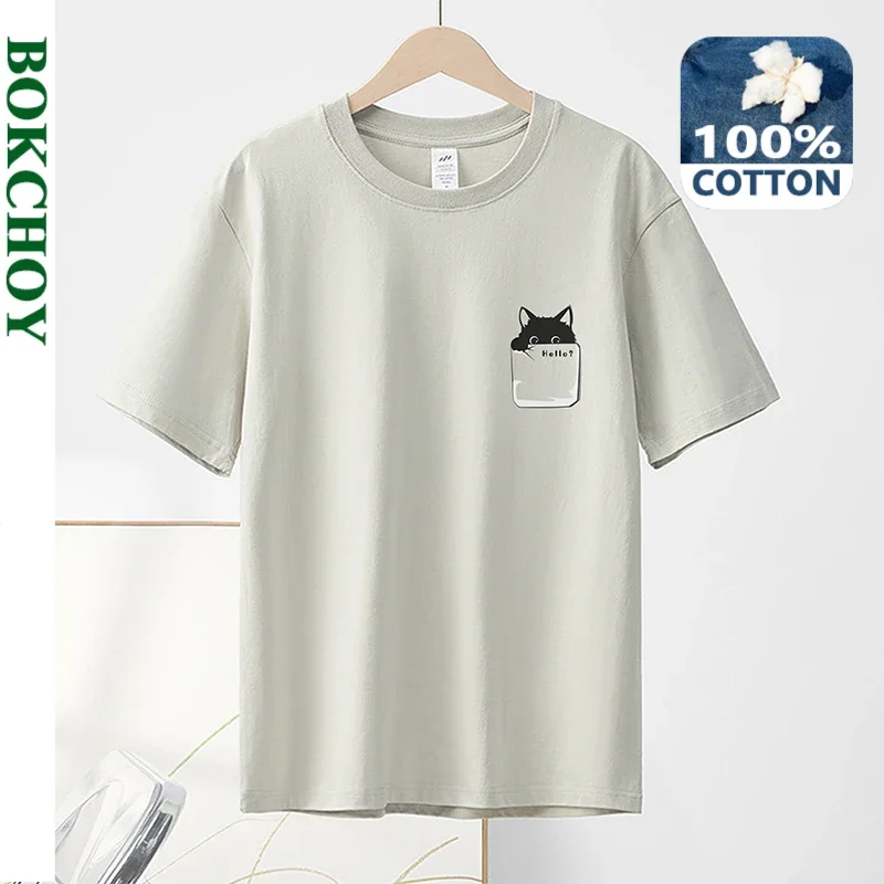 2024 Summer New Pure Cotton Cat Printed Men T-shirts Short Sleeve Casual Solid Color Simple Thin Men Tops BOK0121