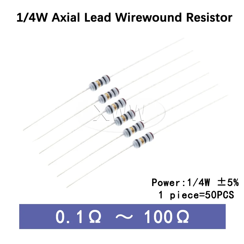 50pcs 1/4W 0.25W 5% Wire Wound Resistor Fuse Resistor, 0.1R‑100Ohm Low Resistance Current Limiting Winding Resistance, 0.1Ω 0.5Ω
