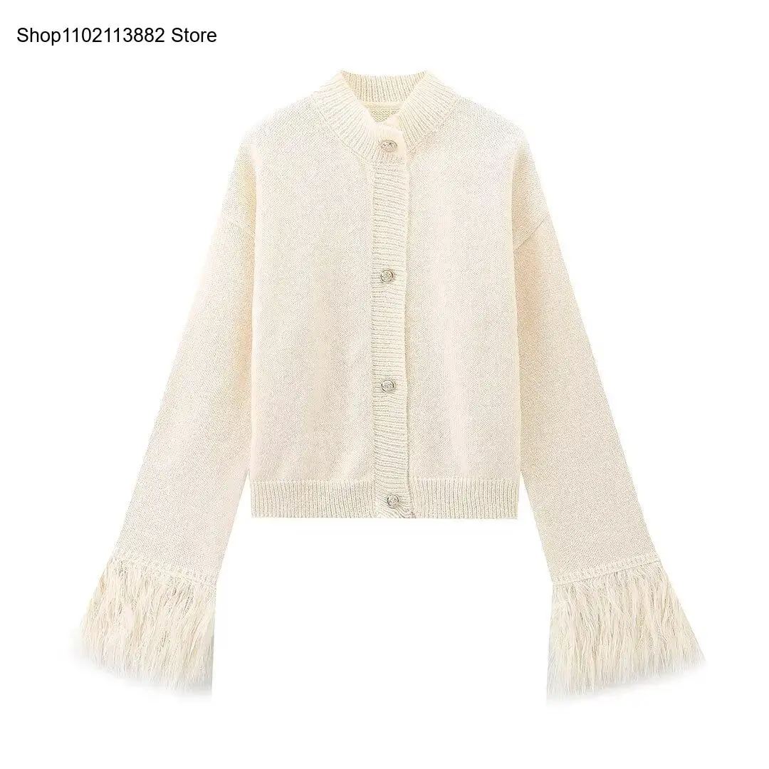 Lady Street Sweaters Women Feather Patchwork Knitted Cardigan Round Neck Long Sleeve Single-Breasted Short Sweater