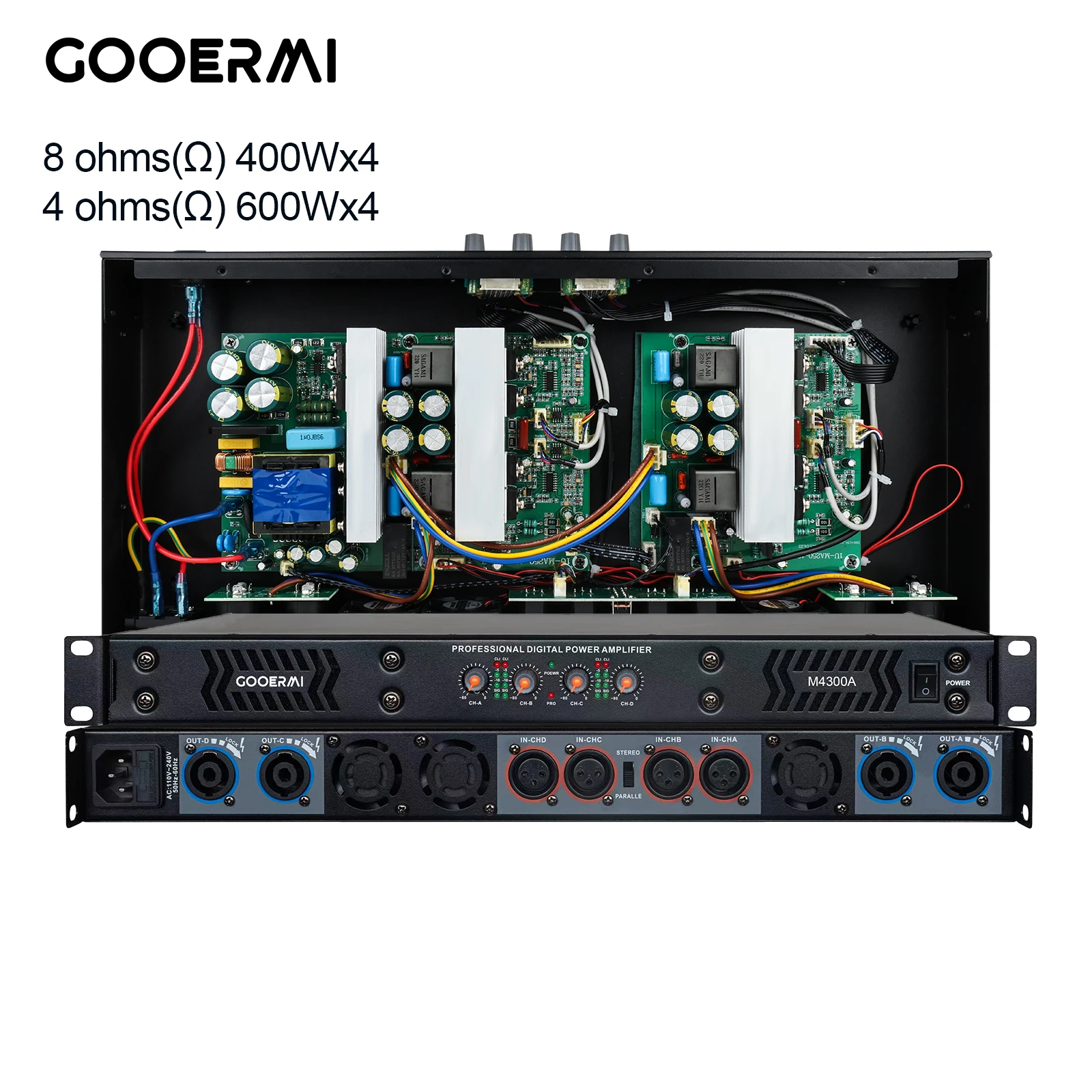 GOOERMI M4300 2400W 4 Channel Digital Power Amplifier Class D Audio Amp 4x600W 8Ω/4Ω Professional Stage KTV PA System