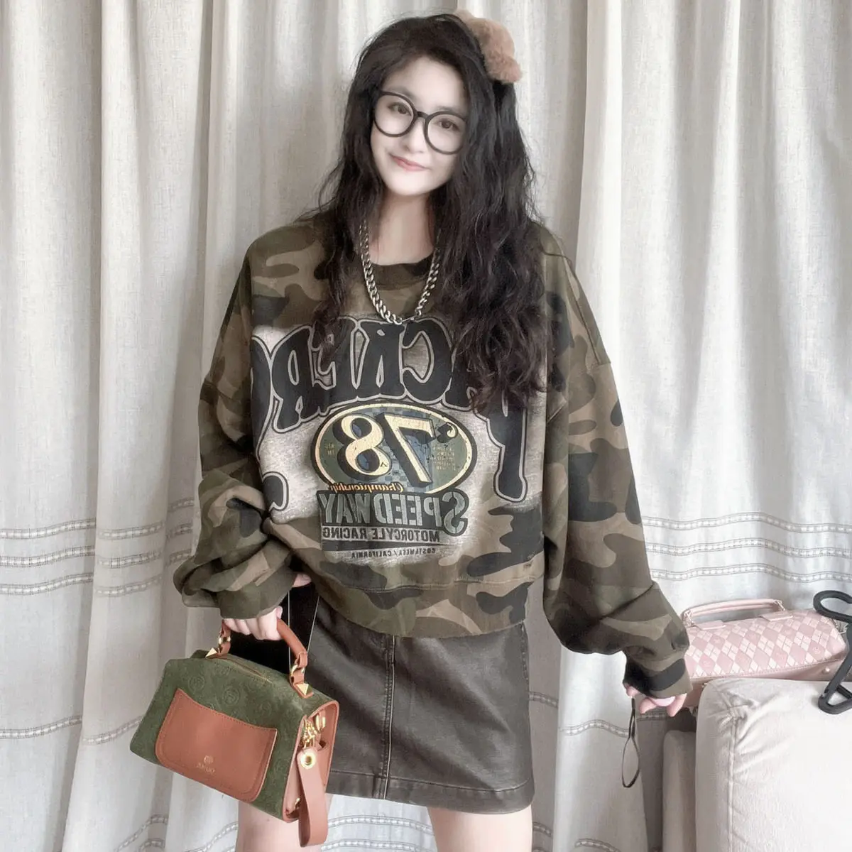 2024 Autumn New Loose Short Large Edition Camouflage Letters Slim Western Style Nostalgic Sweatshirt Harajuku Retro Casual