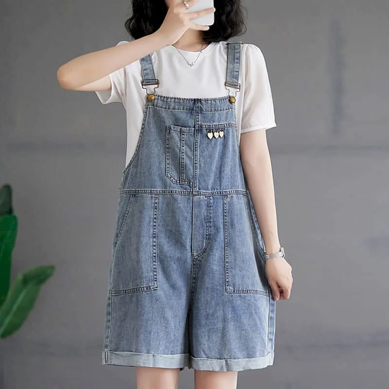 Denim Jumpsuits for Women Vintage Korean Style One Piece Outfit Casual Cropped Rompers Solid Short Jeans Summer Women Clothing