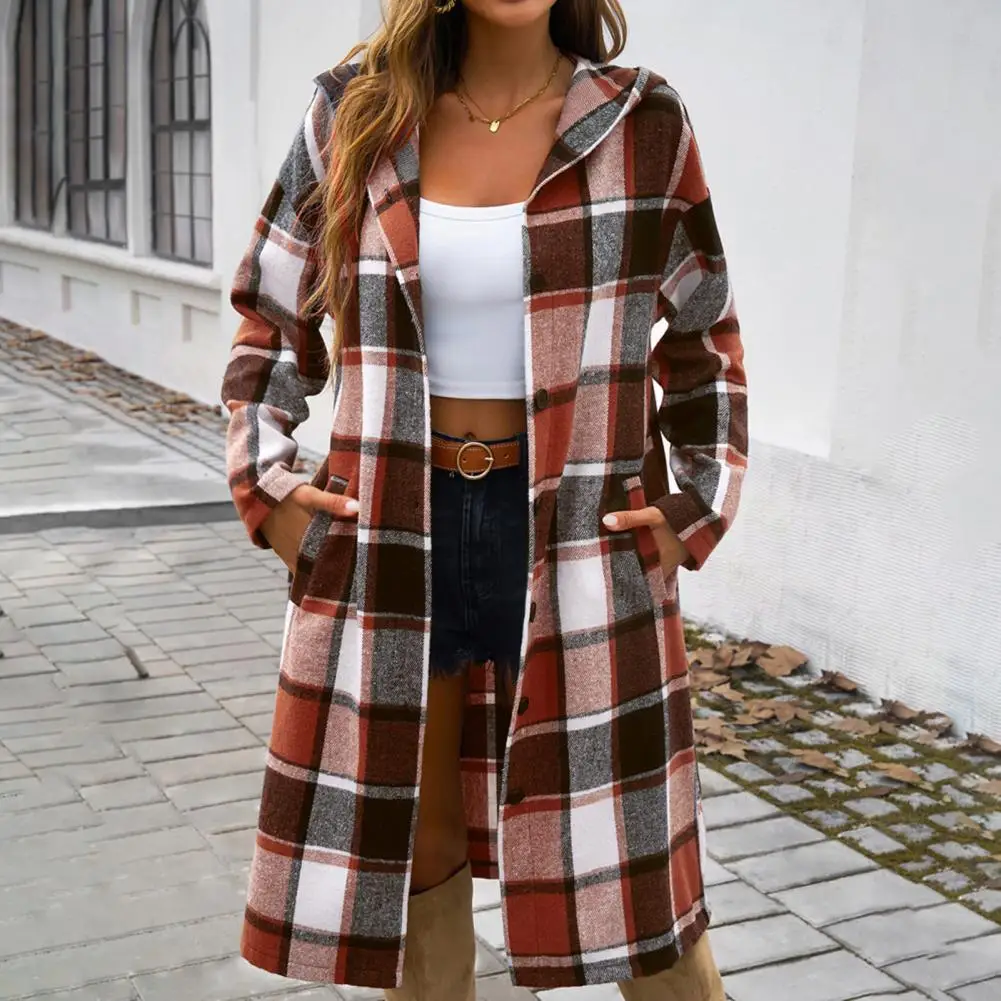 Wool Trench Coat Plaid Print Hooded Coat for Women Stylish Mid-length Outerwear with Pockets Contrast Color Detail Spring/fall