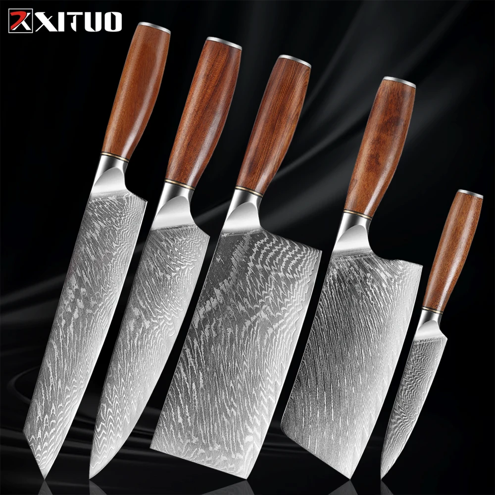 

XITUO Damascus Kitchen Knife Set Japanese VG10 Steel Chef's Knife, Cleaver Knife, Kiritssuke Knife, Gyuto Knife, Wood Handle