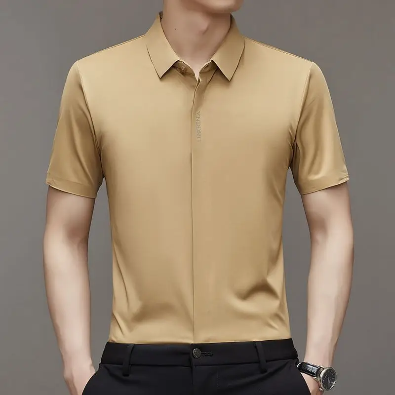 Summer Smart Casual Short Sleeved Men\'s Shirt Men\'s Solid Square Neck Button Embroidered Letter High End Wrinkle Resistant Tops