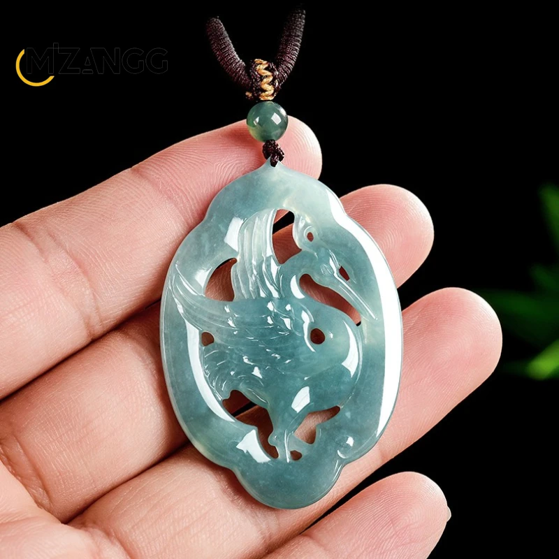 Natural Jadeite Featuring Blue Water White Egret Pendant Premium Fashion Ice-type Jadeite Necklace Men's & Women's Festive Gift