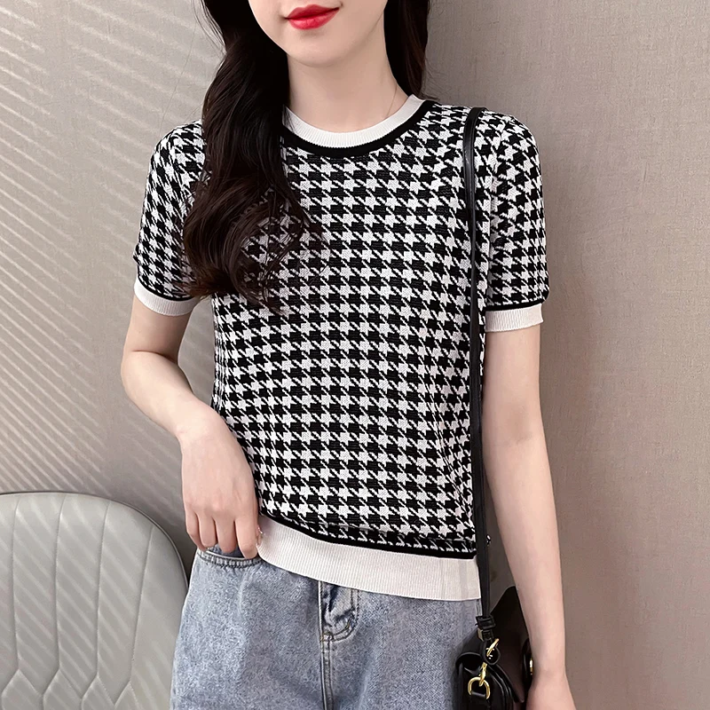 Office Ladies Fashion t-shirt lavorate a maglia a maniche corte donna Thousand Bird Grid Jacquard Top Summer Casual Slim Basic pullover