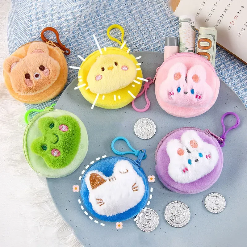 Women Cartoon Animal Plush Coin Purse Cute Mini Money Coin Storage Bags Girls Earphone Key Headset Bag with Hook Birthday Gift