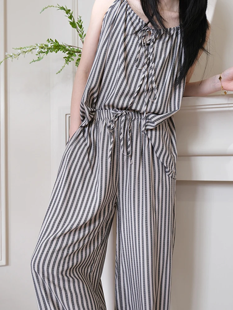 

Летние тонкие хлопковые шелковые брюки в полоску, женский комплект домашней одежды на бретельках, верхняя одежда с эффектом похудения, удобные длинные брюки для ночи...