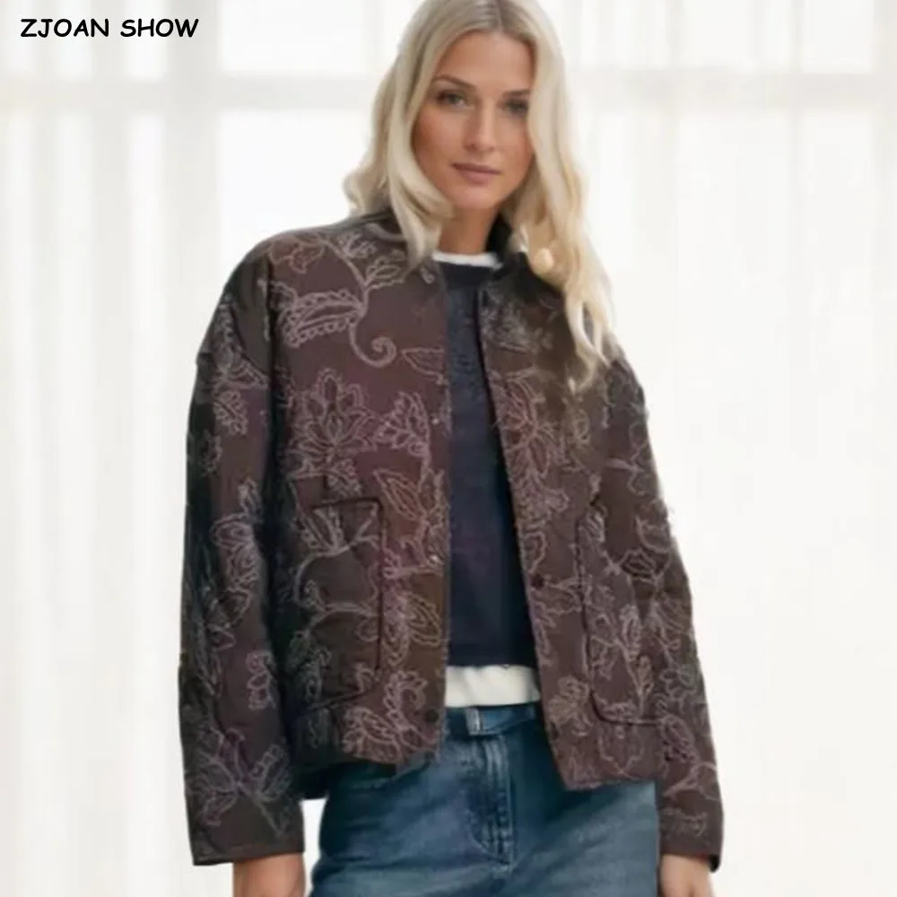 

CHIC Autumn Winter O neck Floral Print Quilted Coat Retro Women Front Pocket Quilting Full Sleeve Loose Warm Jacket Black Brown