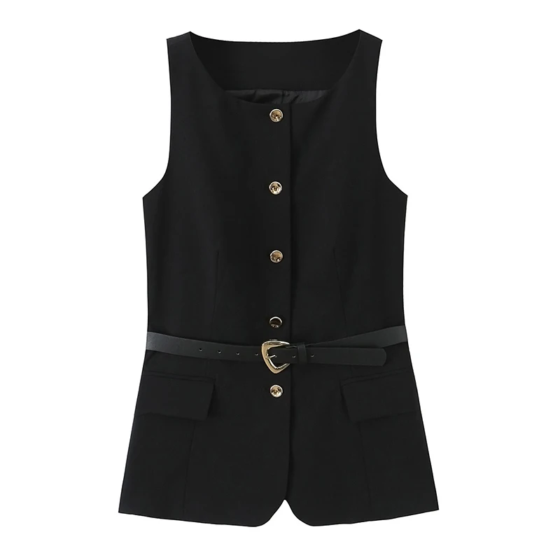 

Willshela Women Fashion With Belt Black Single Breasted Sleeveless Jacket Vintage O-Neck Vest Female Chic Waistcoats Tank Tops