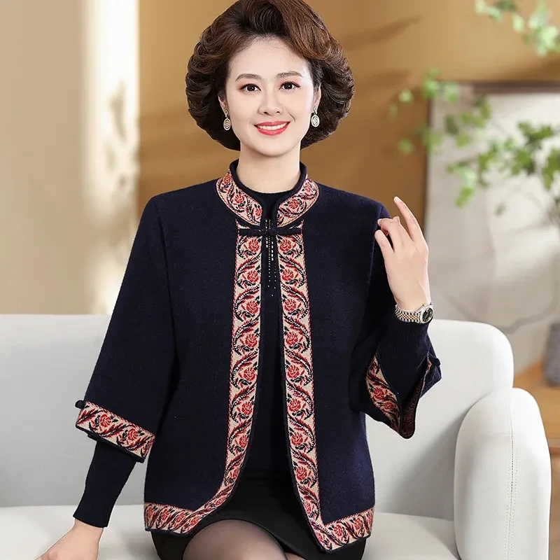 New Spring Autumn Noble Mother Wool Sweater High Quality Knitted Cashmere Cardigan Set 2PCS Middle Aged Women Short Sweater Coat