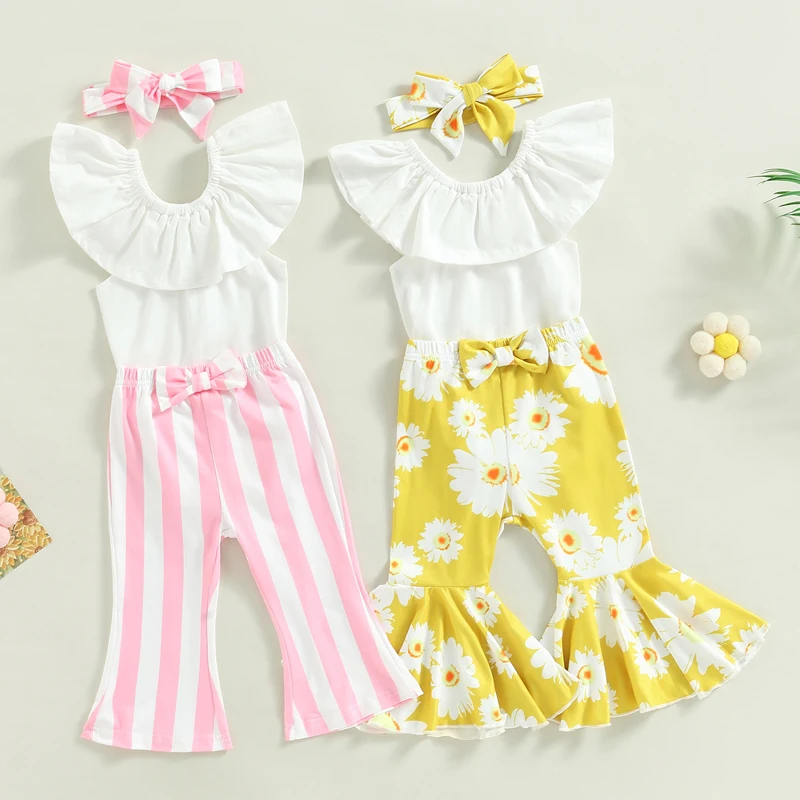 

2022-12-17 Lioraitiin 0-18M Baby Girls Pants Set Sleeveless Ruffled Tops with Stripes/Flower Flare Pants and Headband