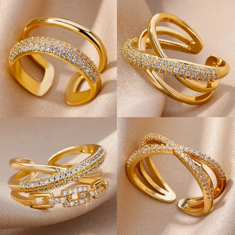 Anillos de circón geométricos Vintage para mujer, anillo de dedo abierto Punk de Color dorado de acero inoxidable, joyería de boda estética, bague femme