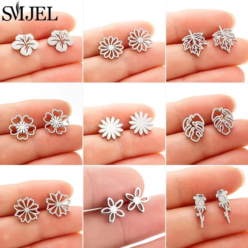 Small Stainless Steel Earings Fashion Jewelry Bohemian Rose Flower Stud Earrings Plant Maple Leaves Ear Studs Pendientes Gift