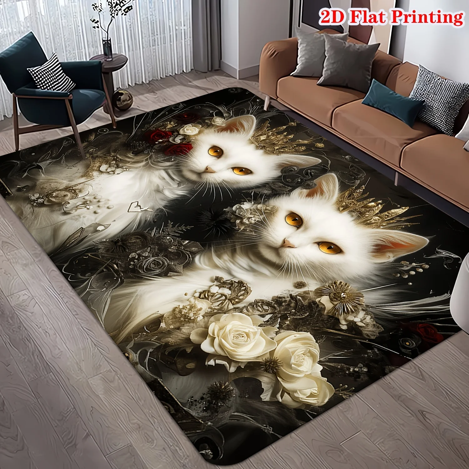 Dramatic Cat Floral Area Rug Black and White Aesthetic Floor Mat for Living Room Home Decor Pet Gift Modern Art Accent Mat