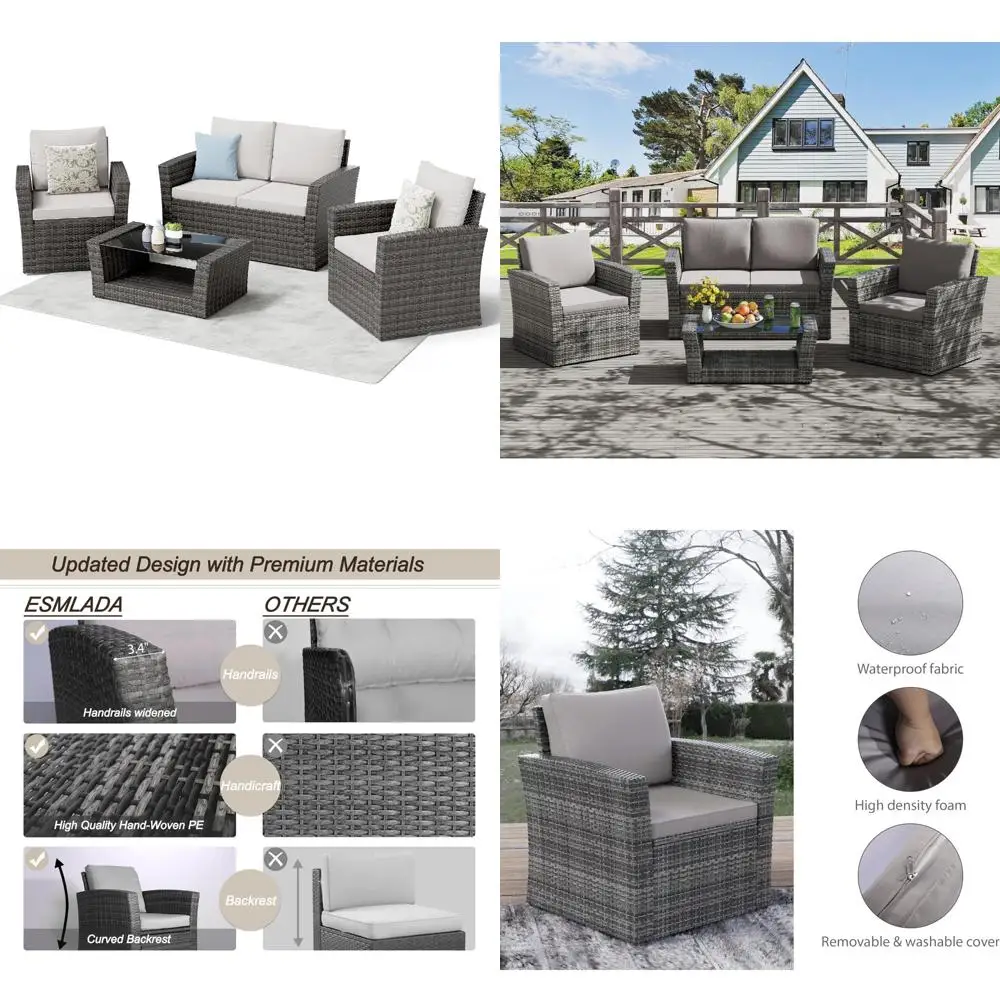 

4 Piece Outdoor Patio Conversation Sets, Wicker Patio Furniture with Rattan Glass Table, Cushioned Patio Furniture Set for Garde