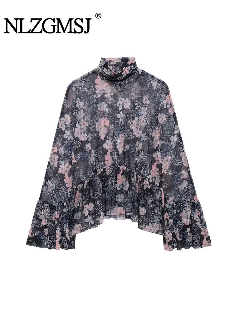 TRAF 2024 Autumn Tulle Print Blouse Women Flower Elegant Shirts for Women Long Sleeve Translucent Shirts Blouses Woman Tops