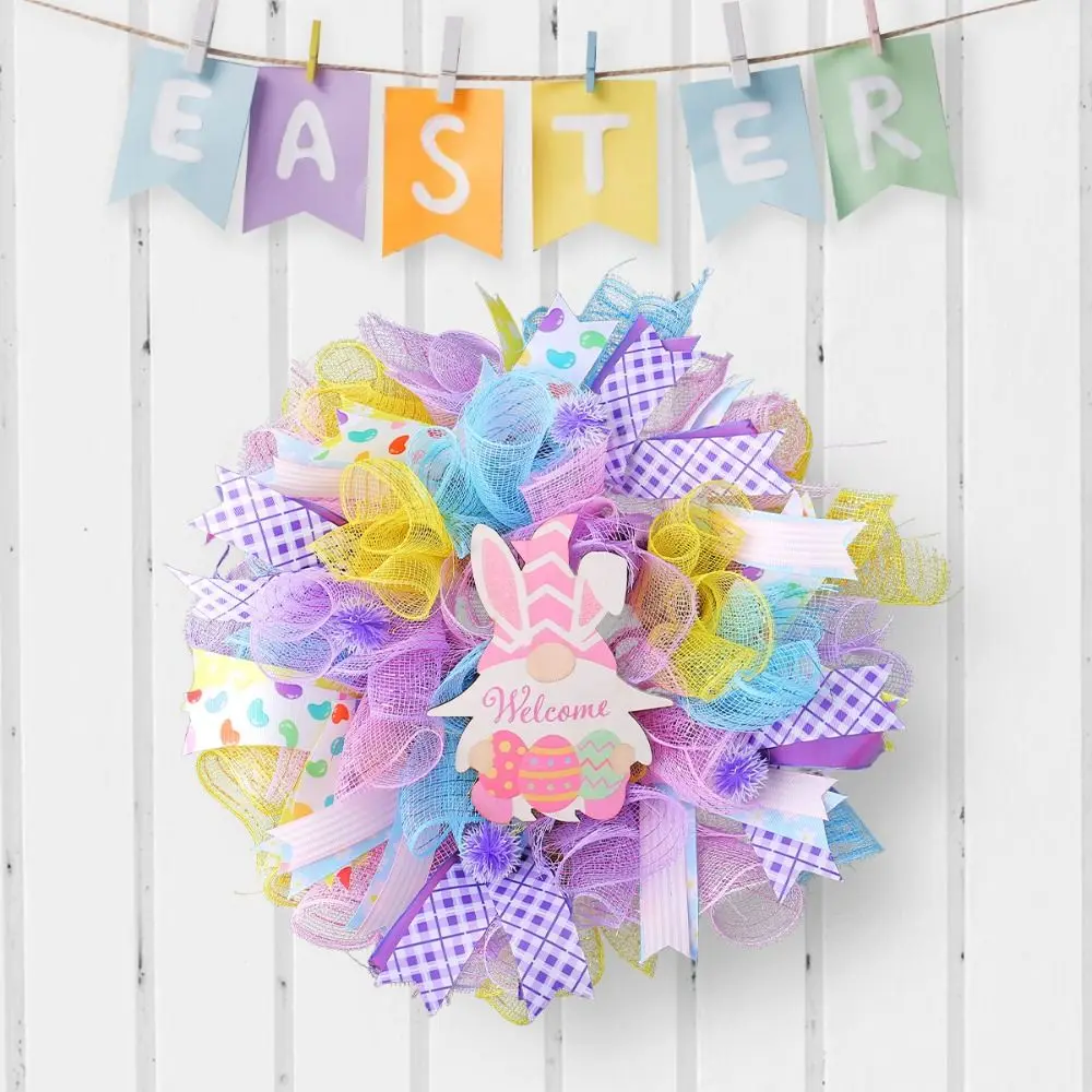 Cartoon Easter Dwarf Rabbit Wreath Handmade Hanging Artificial Wreath Sign Elegant Door Hanging Garlands Kids Gifts