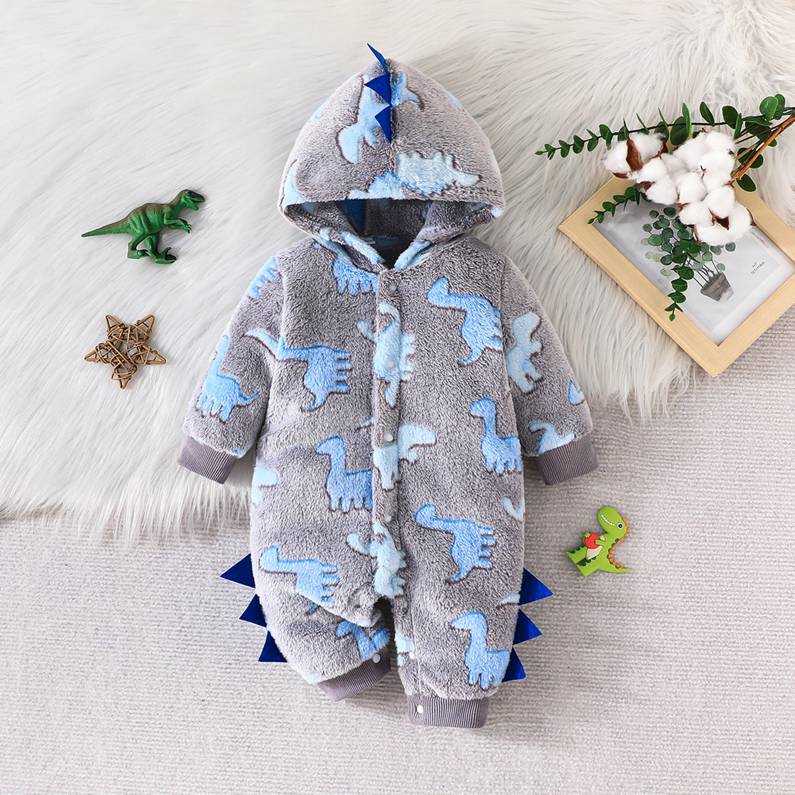 0-18M Baby Jongen Pluche Capuchon Romper Casual Dinosaurus Patroon Voor Knoop Lange Mouw Jumpsuit Voor Baby Peuter Herfst Outfit