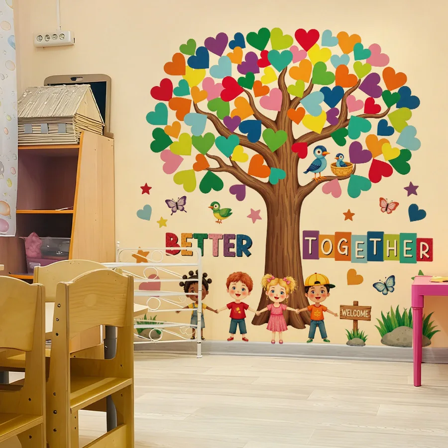 One brightly colored heart-shaped or tree-shaped wall sticker, suitable for children's rooms, made of removable vinyl.