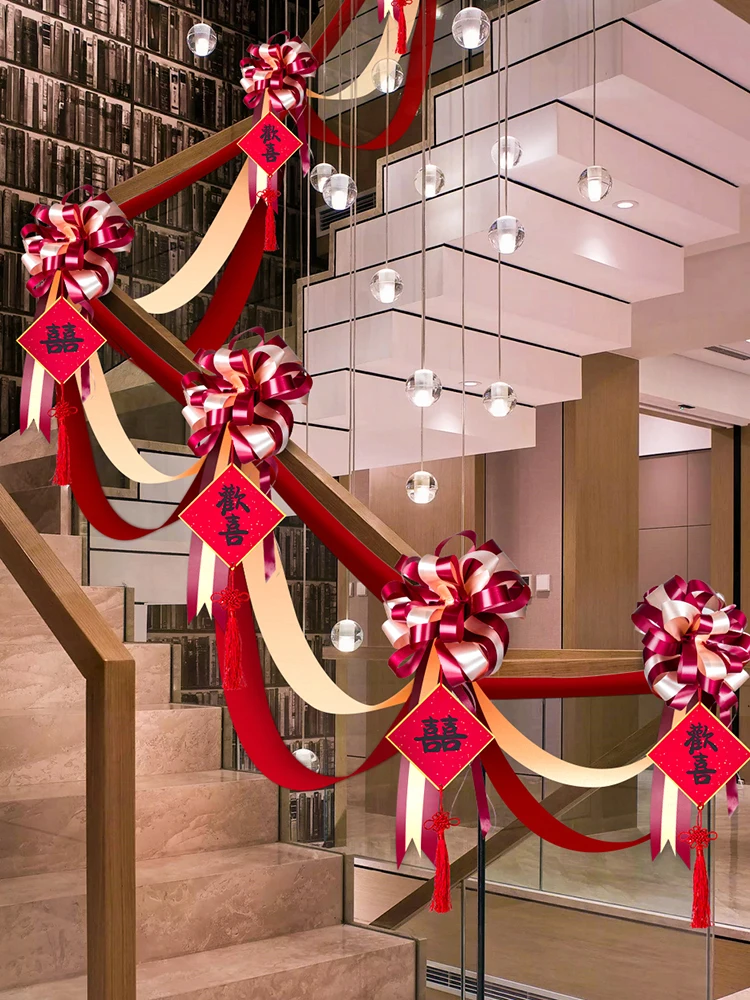 Wedding staircase handrail decoration with floral gauze curtain set