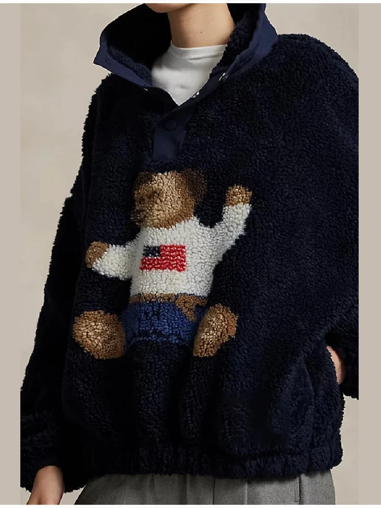 سترة خروف ناعمة على شكل الدب الكرتوني للخريف والشتاء للنساء بياقة واقفة وأكمام طويلة معطف فضفاض 2025 ملابس خارجية سميكة ودافئة للسيدات جديدة