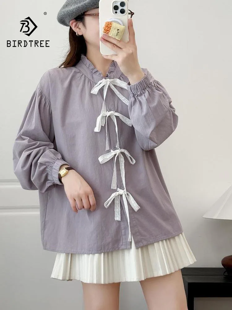 

New 2025 Winter Cotton Long Sleeve Shirt, Women Ruffled Lace-up Bow, Mori Girl French Design Sweet INS Loose Blouse T5N951CC