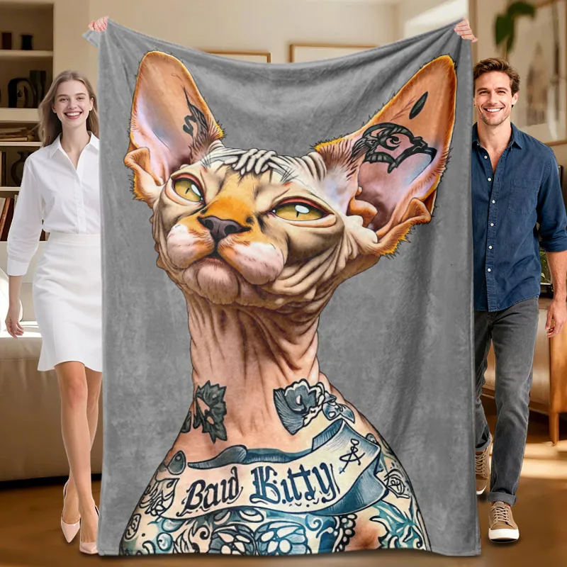 

1 piece tattoo cat theme gray flannel blanket, soft, suitable for sofa, bed, office, all-season use