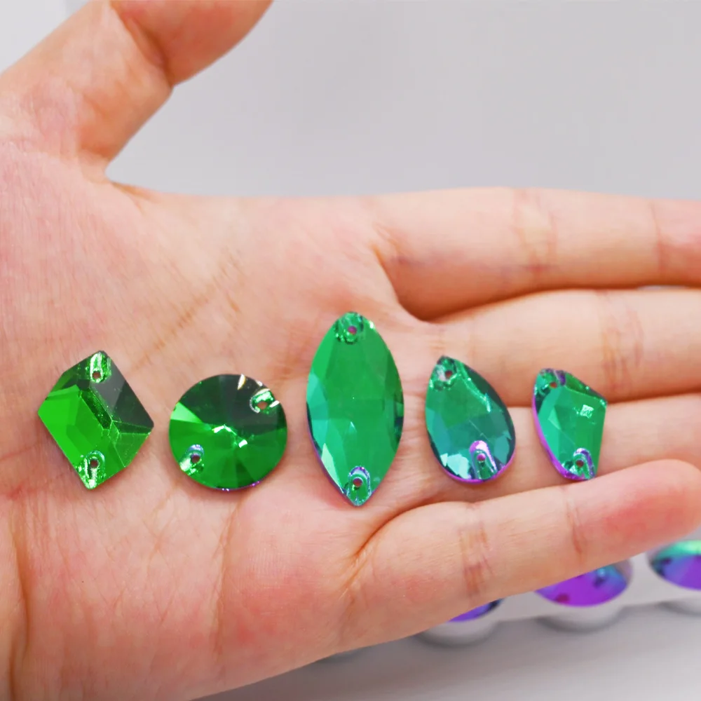 All Shape Green Volcano Sew On Rhinestones Glass Flatback Sewing Beads Crystal Dress Accessories for Costume Clothes Garments