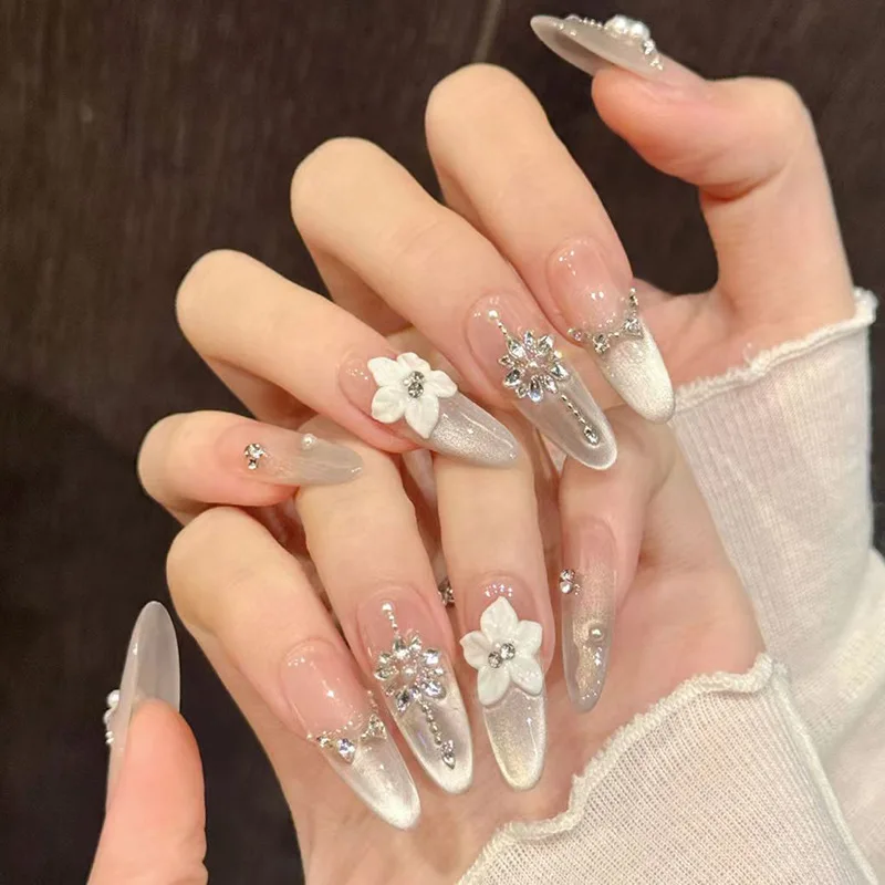 24pcs Cat's Eye French Full Cover Fake Nail Tips Diamond Flower Pearl Press on Nails Fashion Artifical Long Almond False Nail image 4