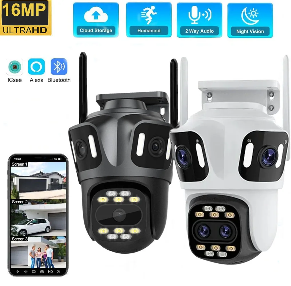 Uzoom 10K 16MP Outdoor PTZ WIFI IP Camera Home Security CCTV Video Surveillance with AI Detect Auto Tracking 3Screen Display