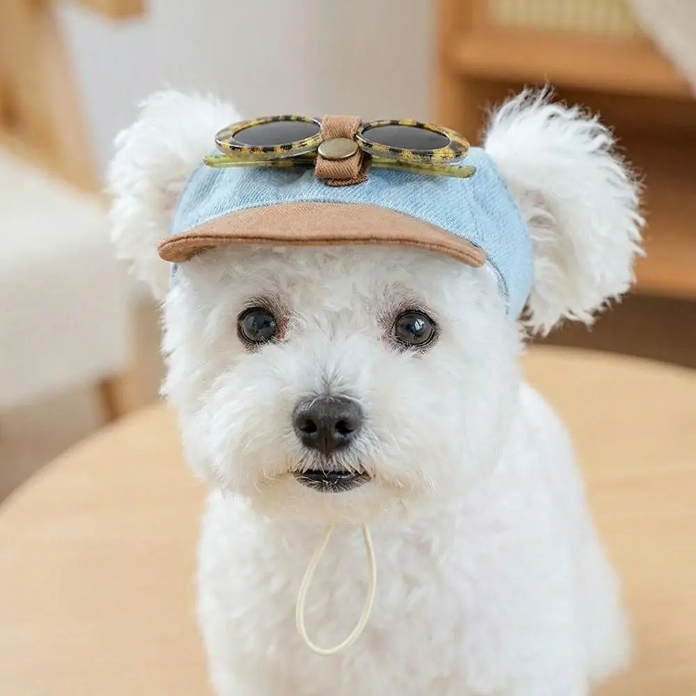 Korean Style Dog Sun Hat with Sunglasses Denim Cap with Ear Holes Dog Sports Hat Adjustable Dog Visor Hats Photo Props - view 3