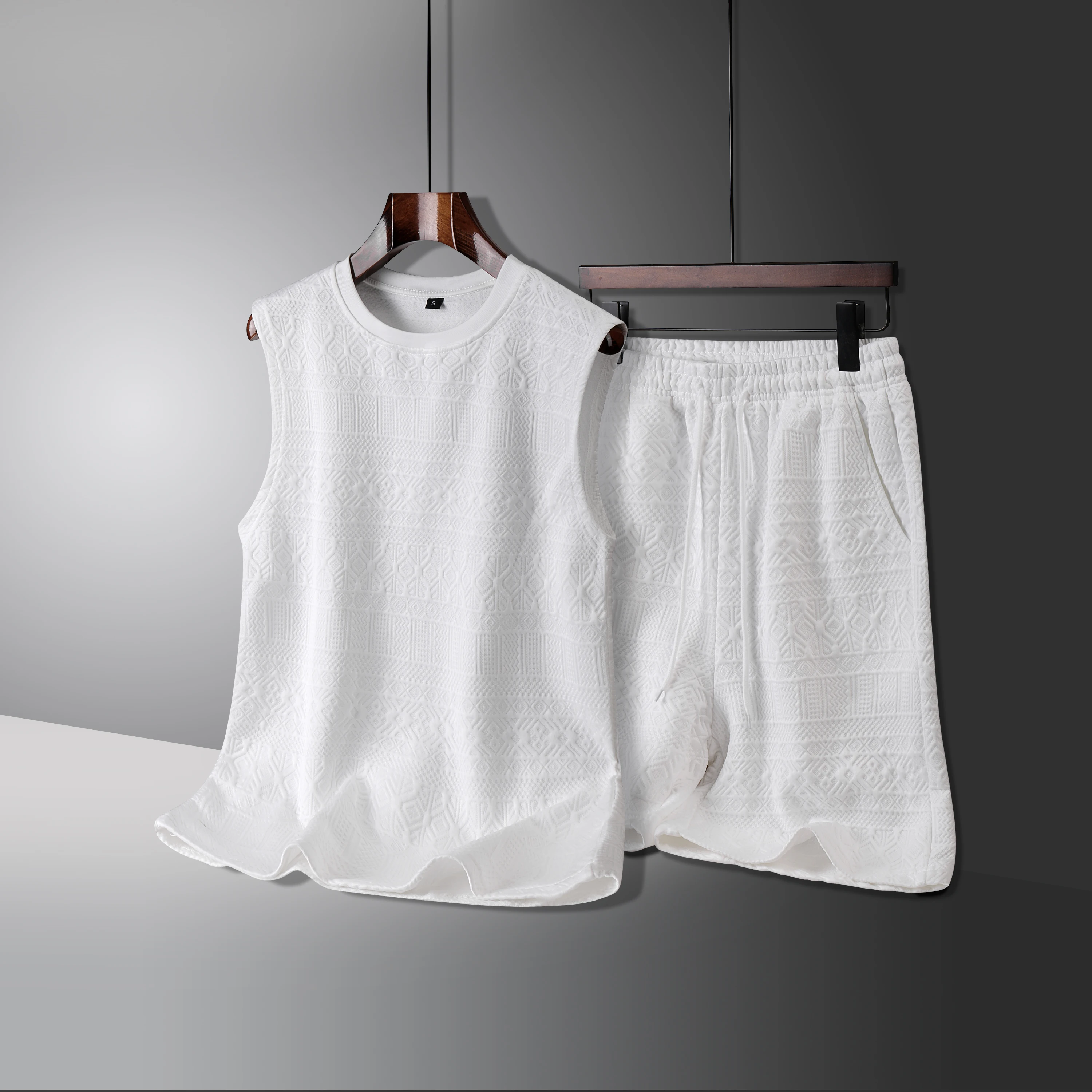 

2025 Summer Solid Color Jacquard Casual Vest Drawstring Shorts Two-Piece Set Regular Fit Casual Short Sleeve T Shirt & Shorts