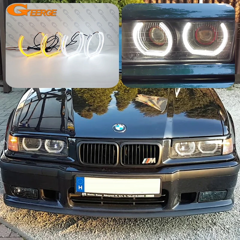 

For BMW 3 5 7 Series E36 E38 E39 Ultra Bright A/W Switchback Day Light Turn Signal DTM U Style LED Angel Eyes Kit Halo Rings