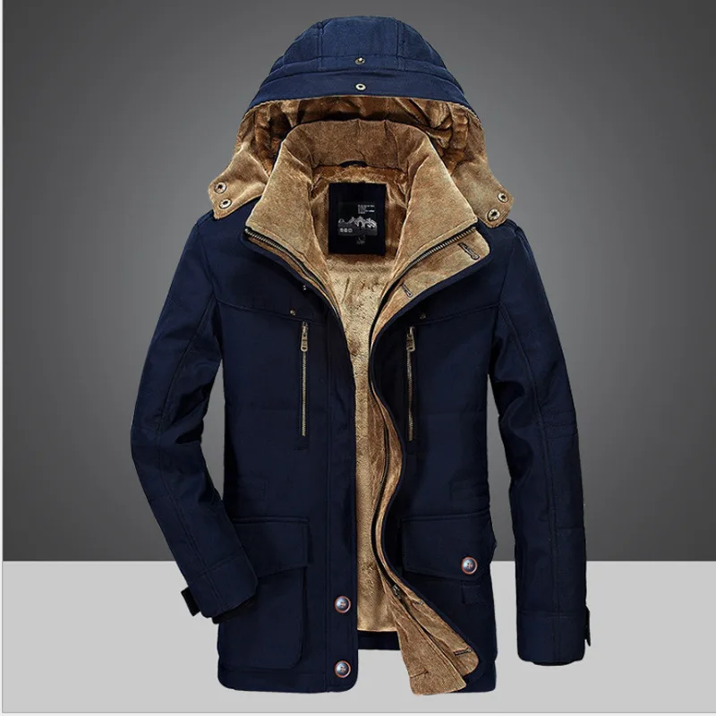 Men Winter Thick Fleece Lined Hooded Jacket, Detachable Hat Cotton Coat, Multi Pockets Warm Outdoor Windproof Parka Casual Solid