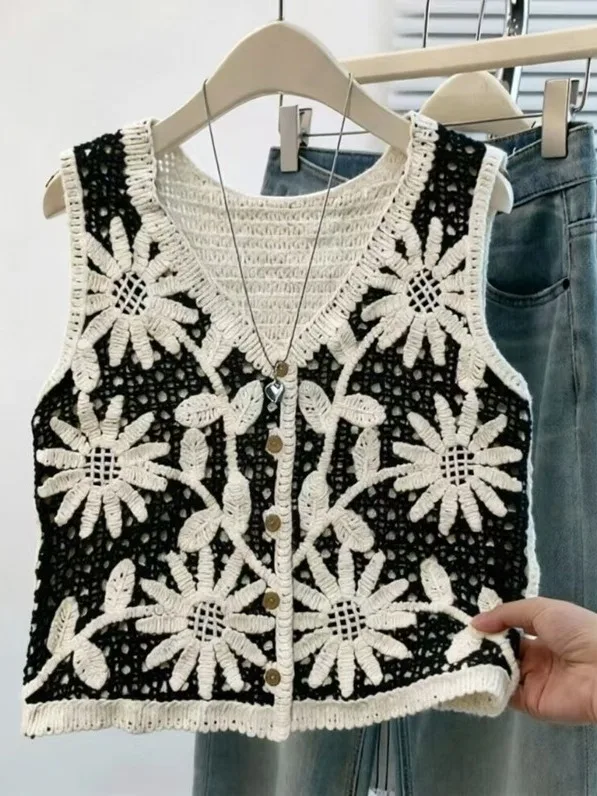 Authentic Vintage Lace Hollow out Knitted Cardigan Vest True Fragrance Style Women's Outerwear Fashionable Versatile Sleeveless