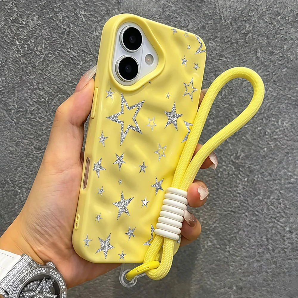 Luxuriöse Y2K-Sternmuster-Silikon-Handyhülle mit Faltenoptik für iPhone 17 15 13 11 12 14 16 17 Pro Max 15 Plus Air mit Lanyard-Abdeckung – Detail 7
