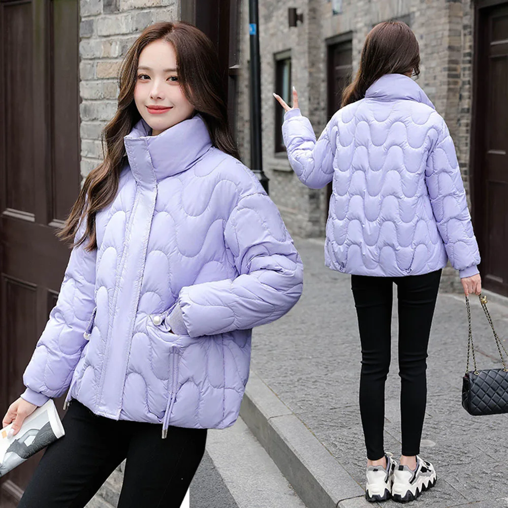 2024New Winter Puffer Jacket Women Fashion Stand Collar Warm Padded Coats Ladies Solid Color Quilted Short Parkas Casual Outwear