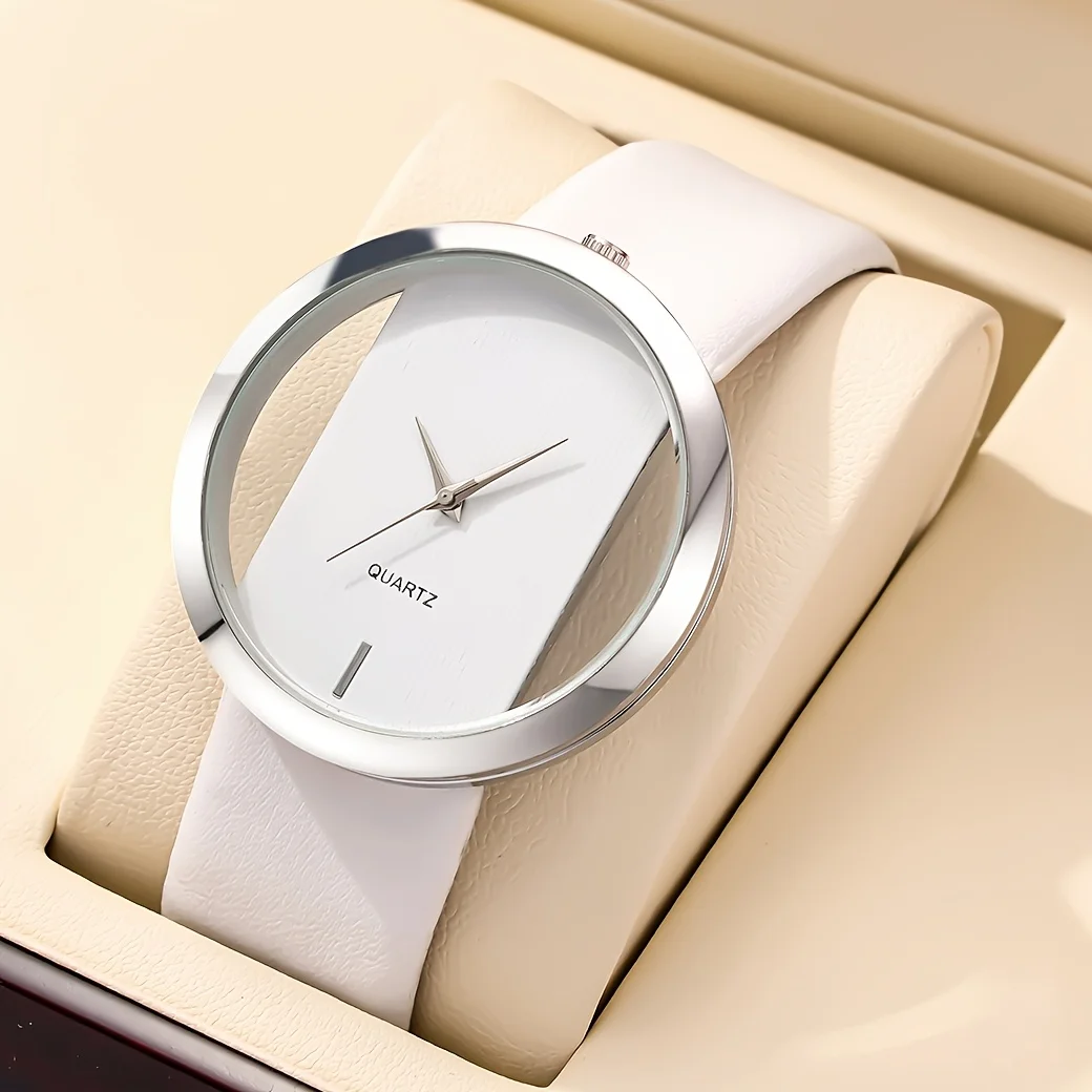 مجموعة سوار ساعة كاجوال بسيطة، تصميم قرص دائري، حزام من الجلد الاصطناعي، أفضل خيار لهدايا عيد الميلاد، إكسسوارات عصرية
