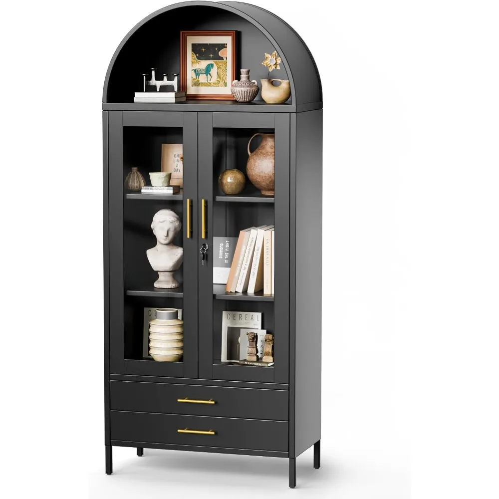 

73" Tall Arched Cabinet, Metal Kitchen Pantry with Glass Doors, Modern Display Cabinet with 2 Drawers and 2 Adjustable Shelves f