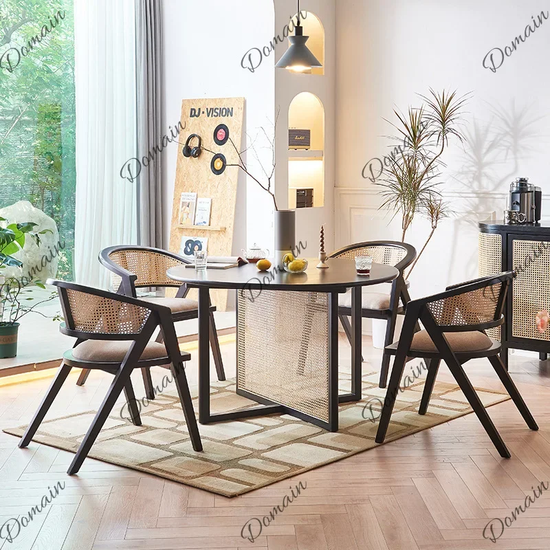 81 N Wabi-Sabi Rattan Solid Wood Round Dining Table Set for 2 Modern Minimalist Small Apartment Restaurant Bistro Furniture